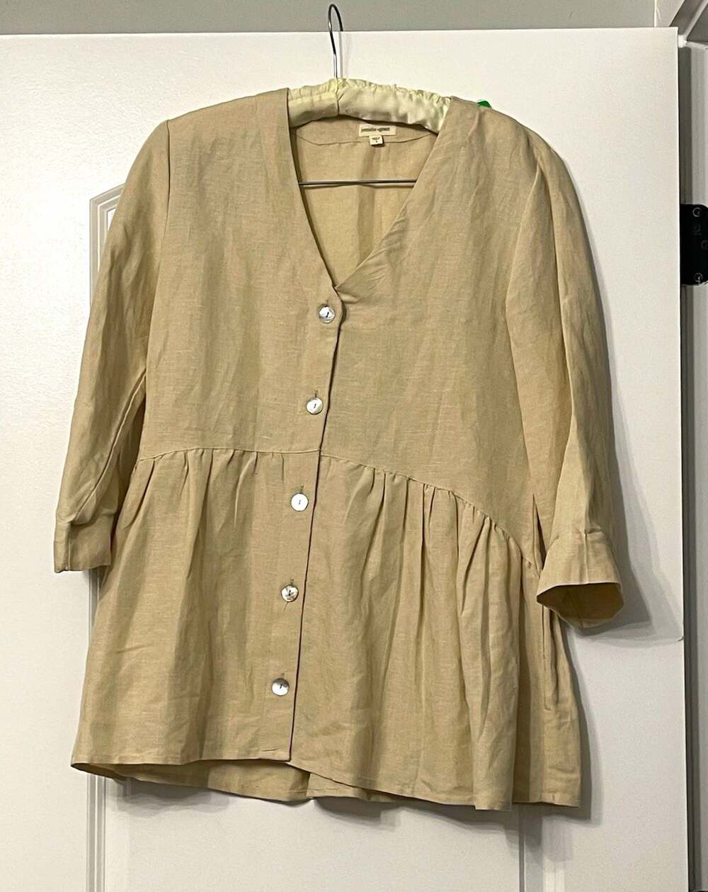 Jennifer Grace Linen Blend Button Front Peplum Top Oatmeal Beige Babydoll S Boho